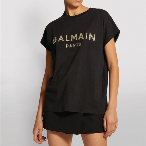NWT BALMAIN black shirt with gold sequinned logo - Picture 2 of 10